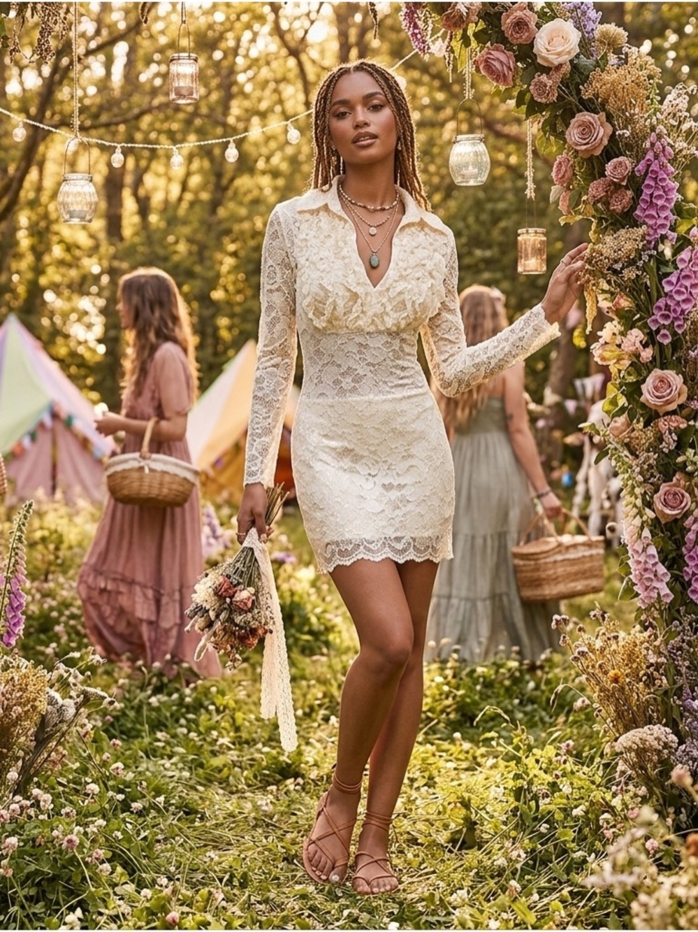 Sentimental NY Cream Lace Ruffle Mini Dress Small S Bridal Shower USA Made